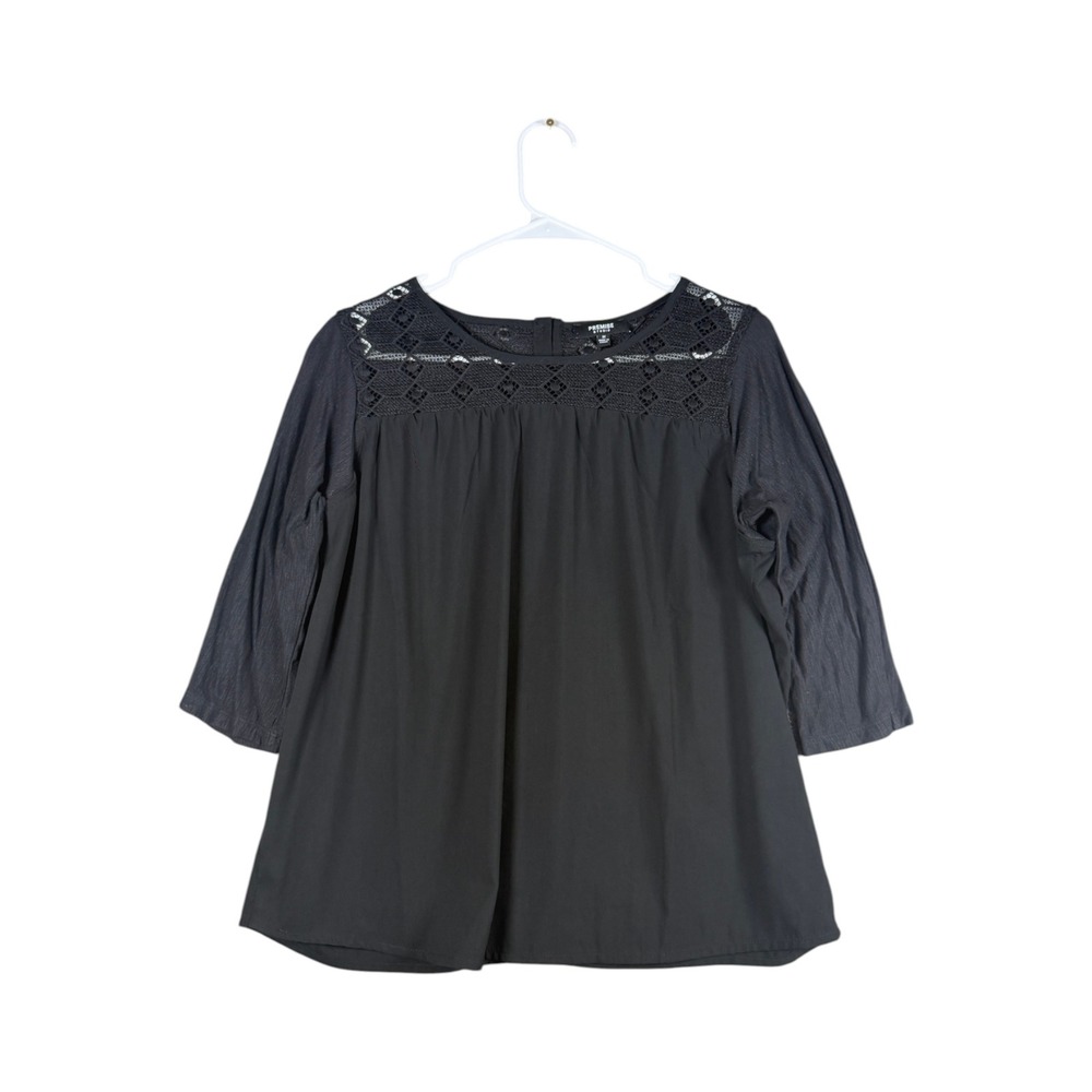 Premise Studio Womens Black Lace Yoke Button Back 3/4 Sleeve Blouse Size M